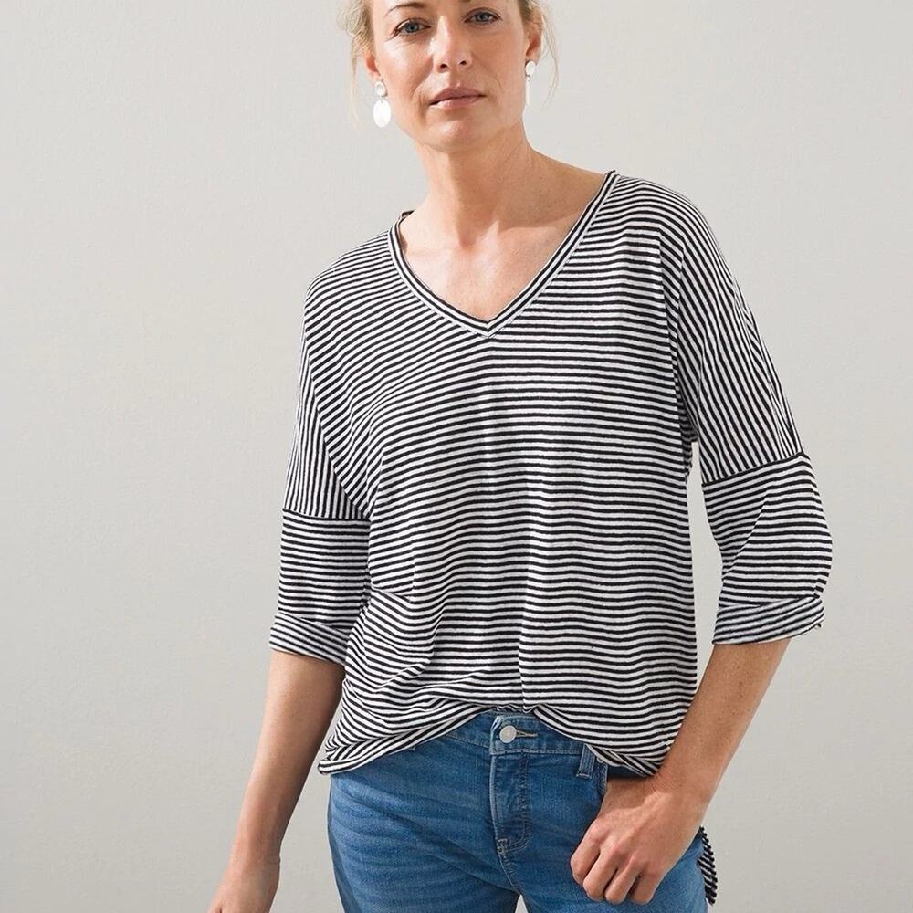 Chicos 100% Linen Pullover 3/4 Sleeve V-neck Tunic Medium 1 Black White Stripes